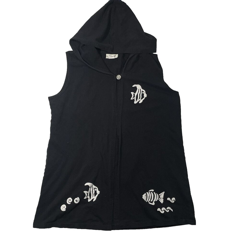 Easy Apparel Fish Print Hooded Cardigan Size L Black Beach Swim Cover USA